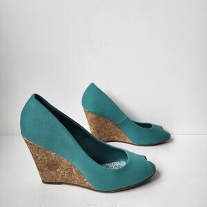 American Eagle Shoes Womens Size 8.5 W Peep Toe Wedge Heels Teal Sandals